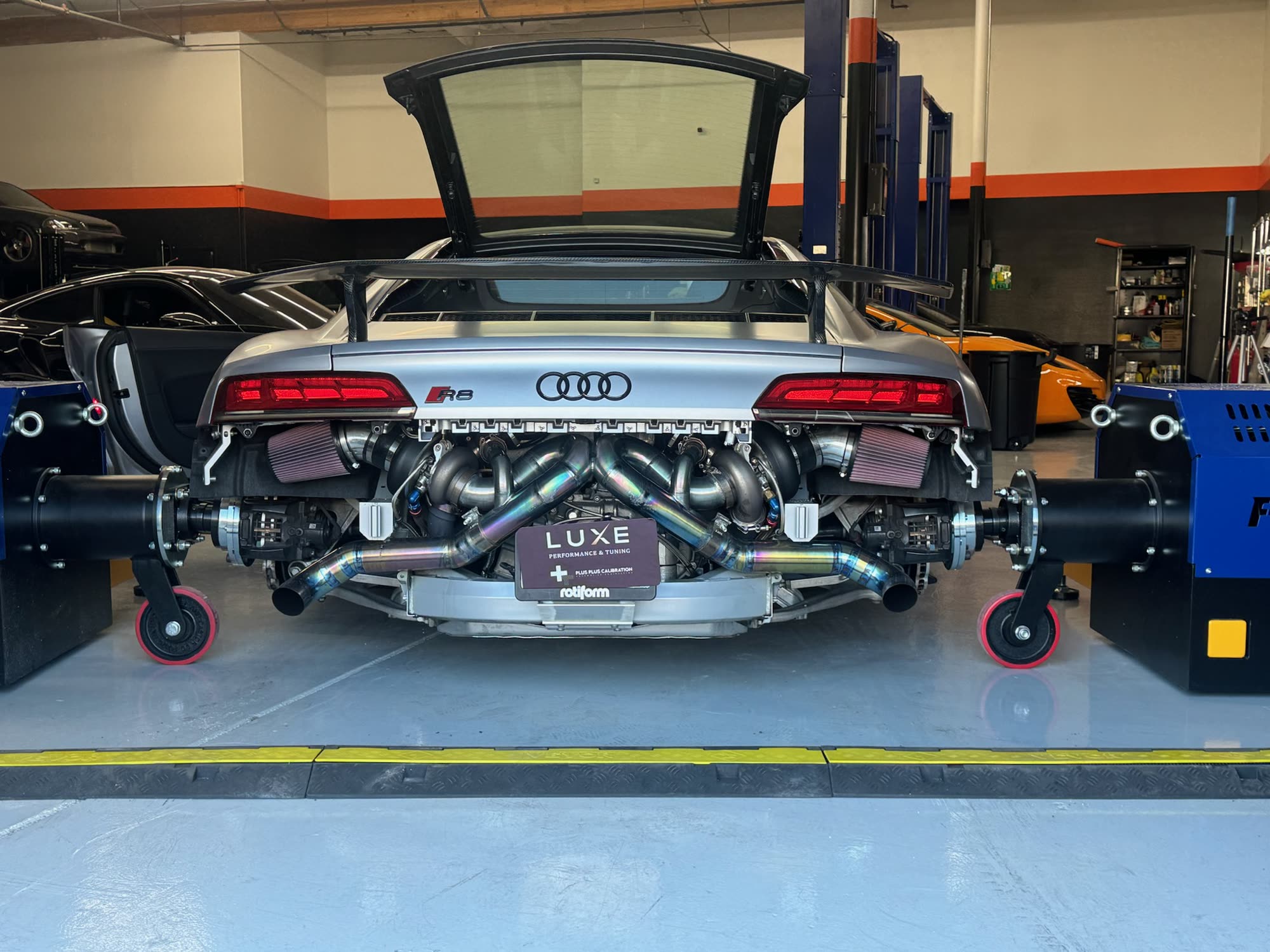 Exotic supercar receiving custom ECU calibration at Plus Plus Calibration in Phoenix, Arizona