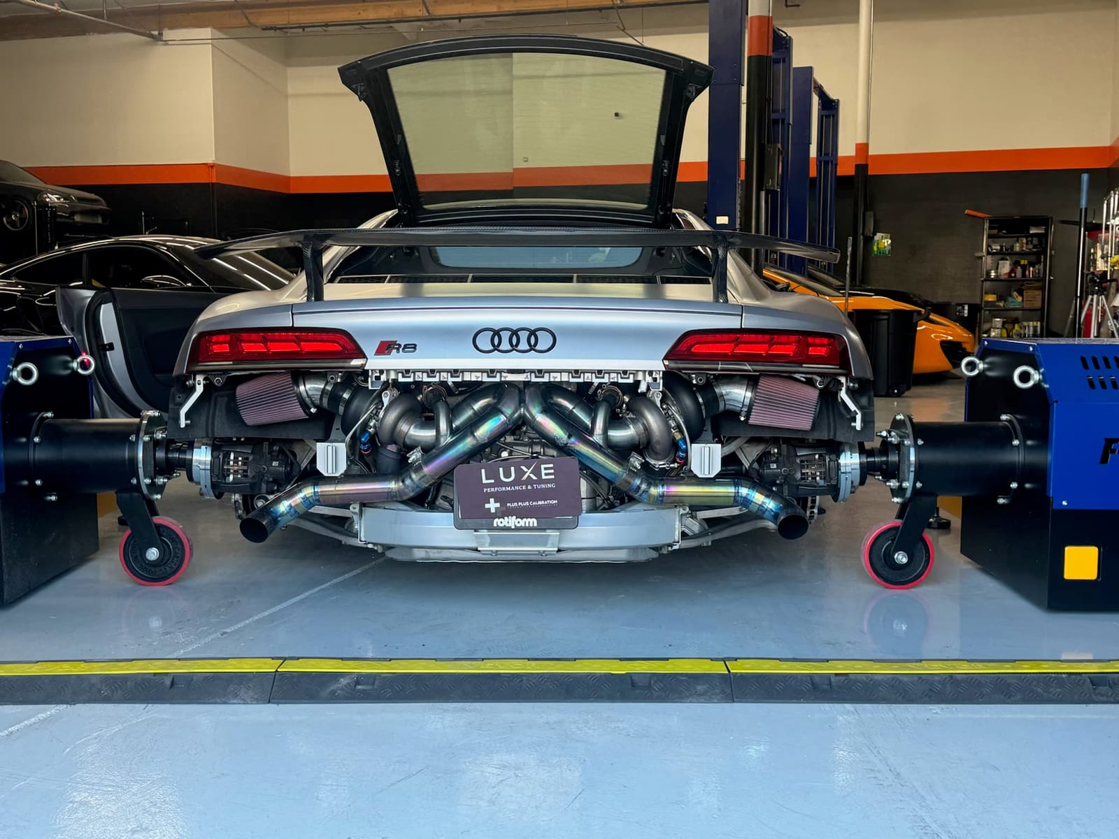 Exotic supercar receiving custom ECU calibration at Plus Plus Calibration in Phoenix, Arizona