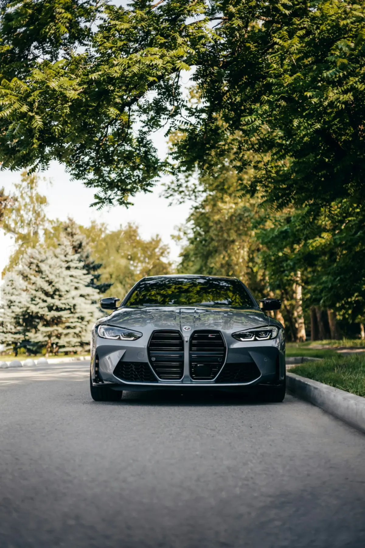 Front view of a grey BMW M4 Competition xDrive (G82) on a tree-lined road