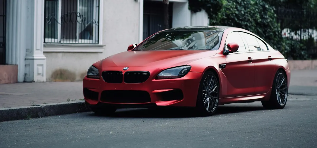 Front three-quarter view of a matte red BMW M6 Gran Coupe (F06) parked on a street