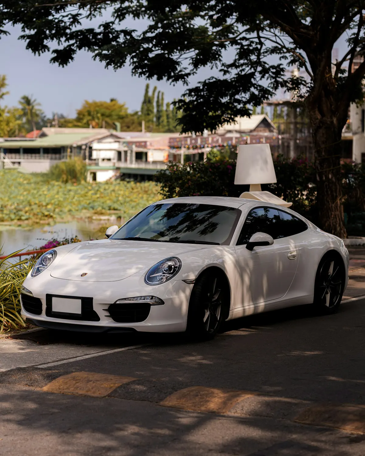 Front three-quarter view of a white Porsche 911 Carrera S (991.1) parked under a tree